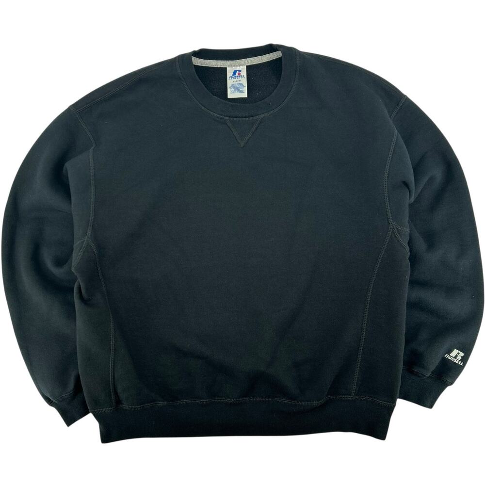 VTG 90s y2k Men's Black Embroidered Russell Athletic Blank Crewneck Sweatshirt~L